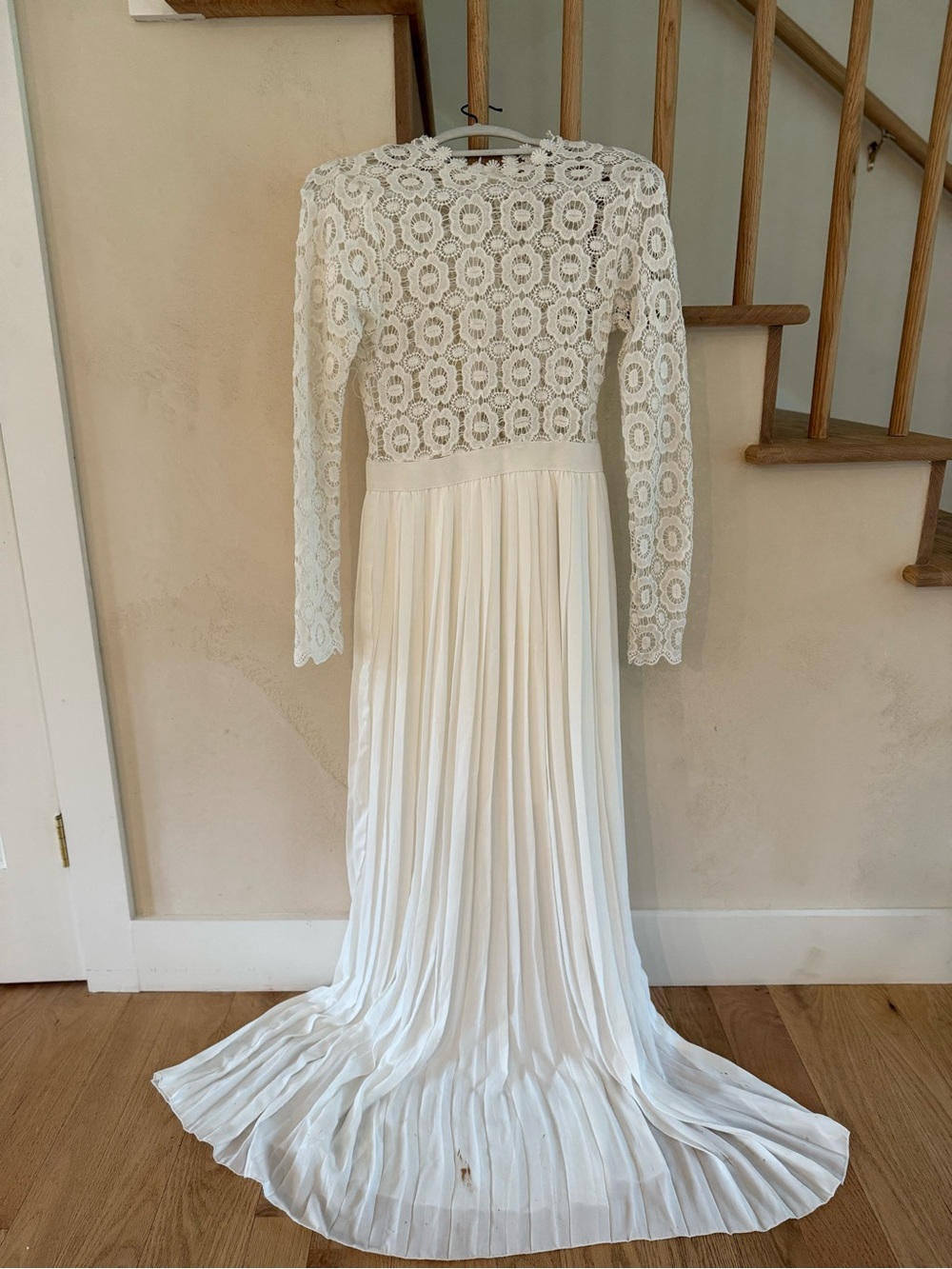 Ivory Lace Bodice Pleated Maxi Dress with Long Sleeves